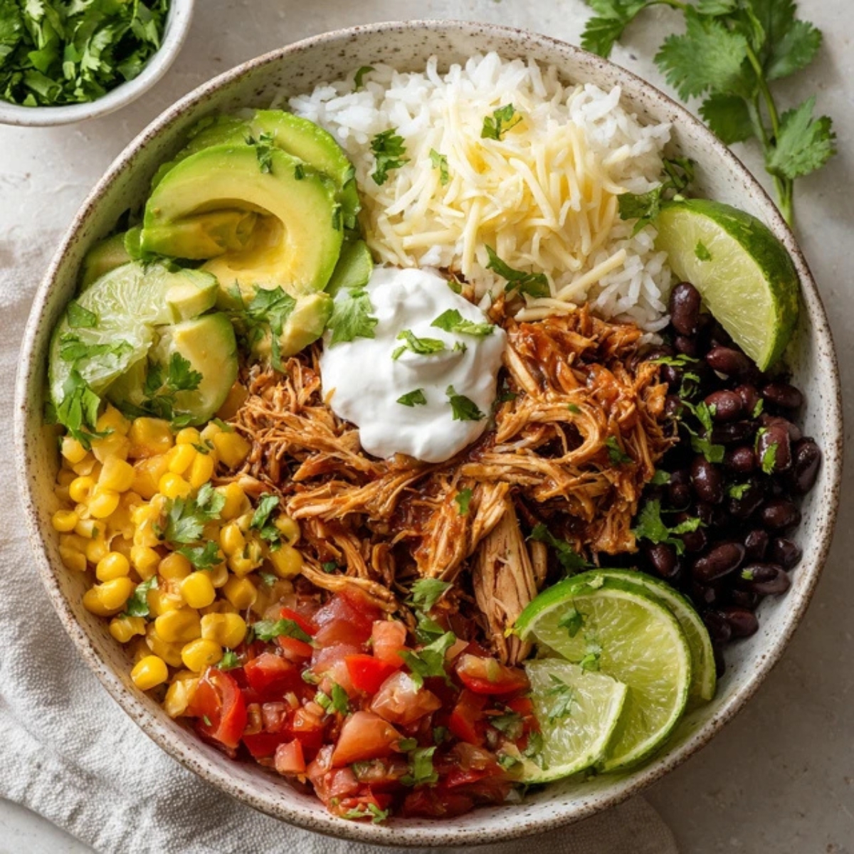 instant pot burrito bowl with chicken rice beans and toppings