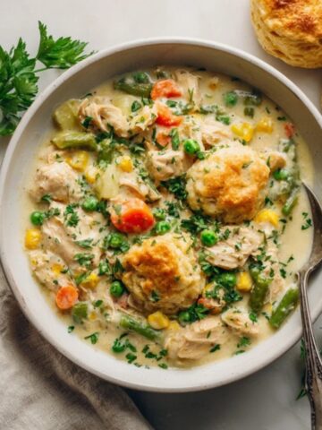 Instant Pot chicken pot pie with creamy filling and biscuits