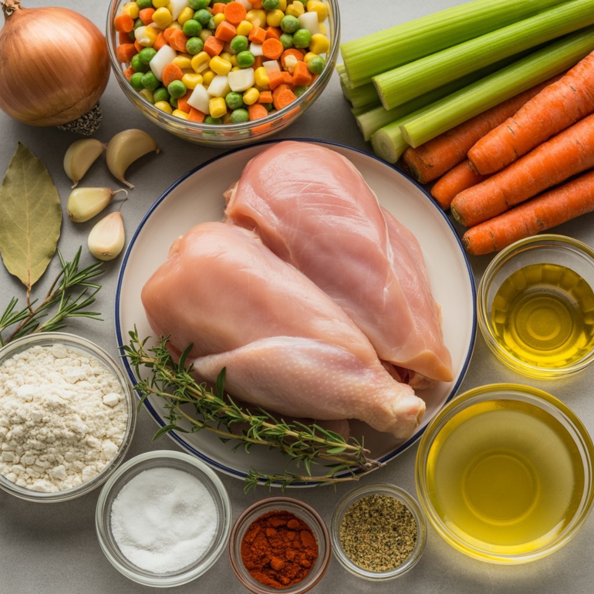 Instant Pot chicken pot pie ingredients arranged on kitchen counter