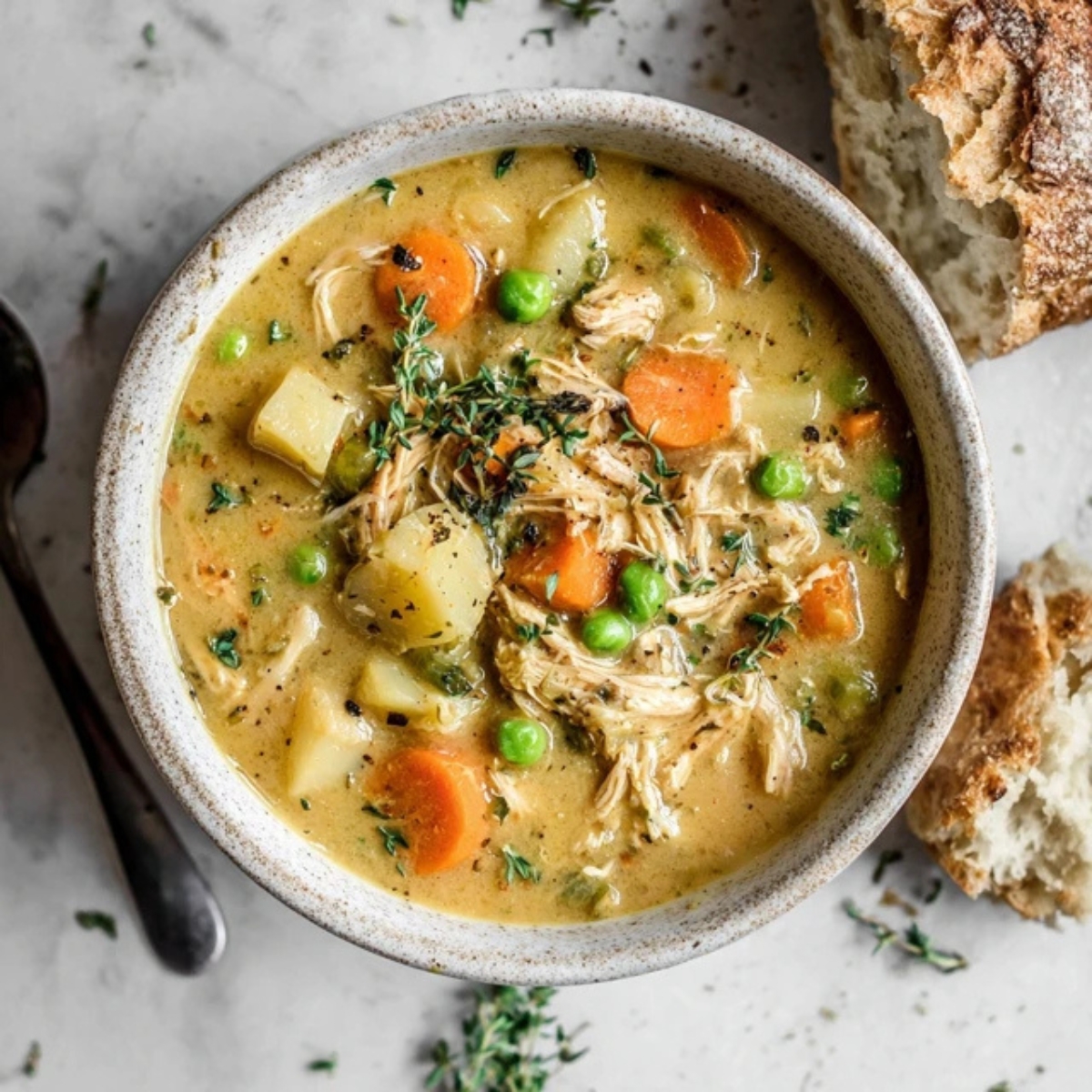 Creamy Instant Pot Chicken Pot Pie Soup in a bowl with bread on the side