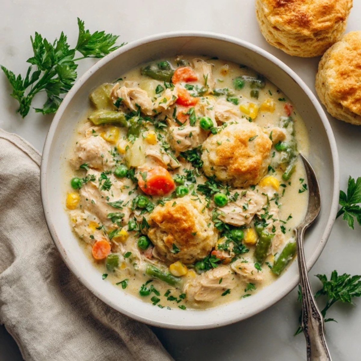 Instant Pot chicken pot pie with creamy filling and biscuits