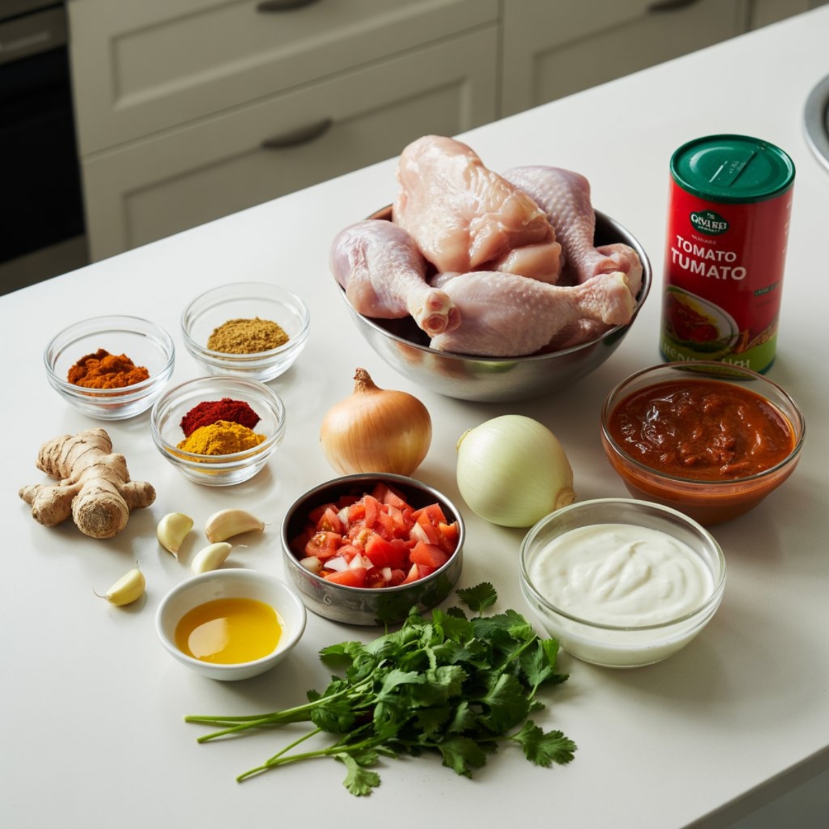 Ingredients for Instant Pot chicken tikka masala arranged on kitchen counter