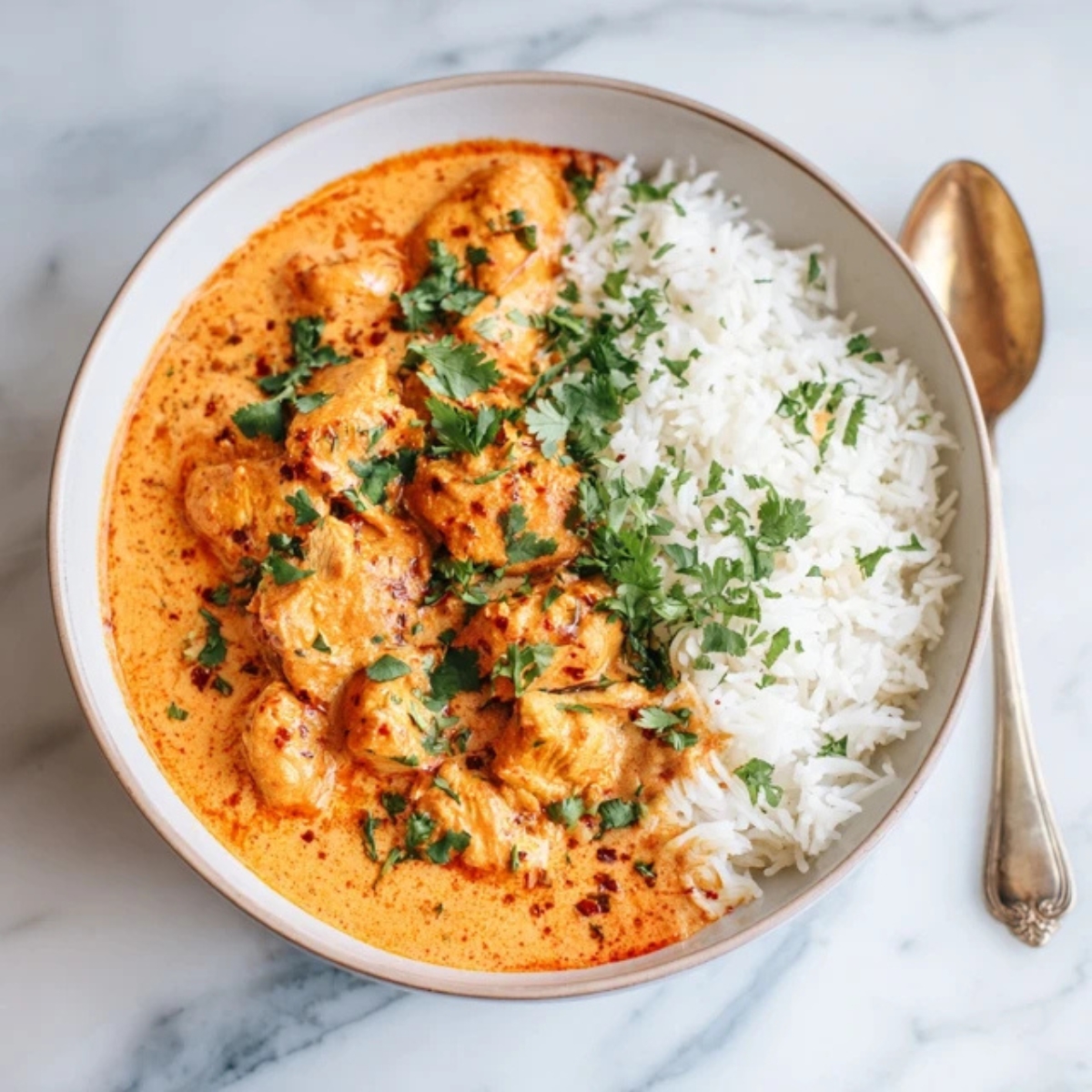 Instant Pot chicken tikka masala with rice and cilantro garnish