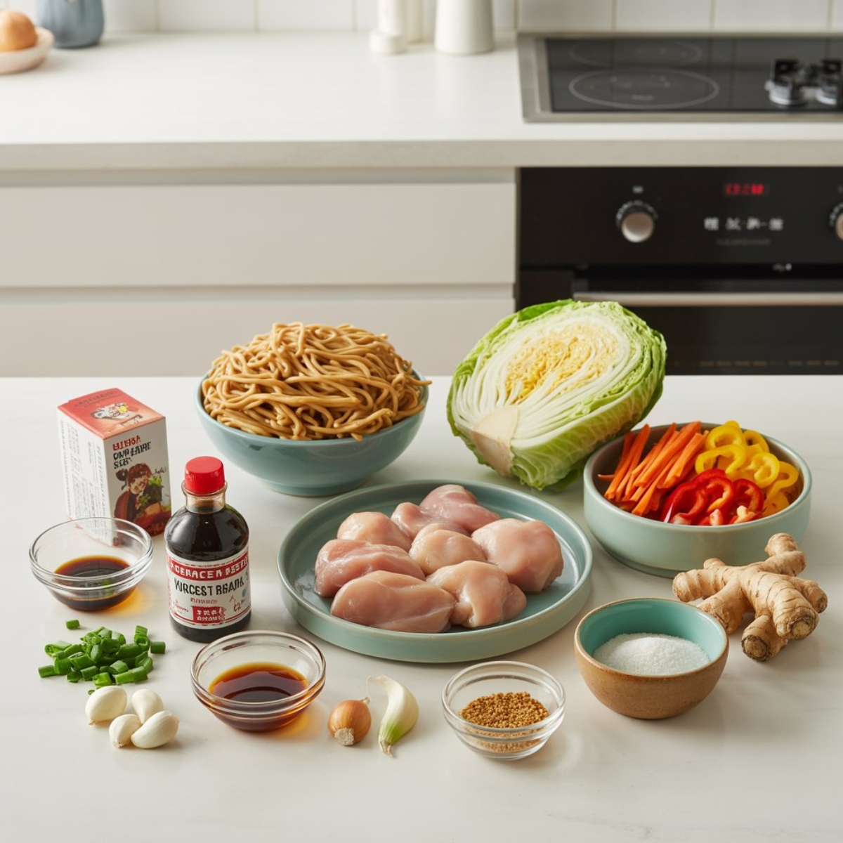 Fresh ingredients for Instant Pot chicken yakisoba recipe on kitchen counter