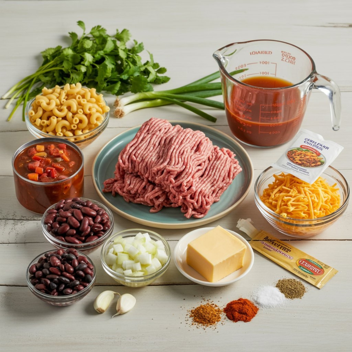 Instant Pot chili mac ingredients flat lay with pasta, beef, beans, and cheese