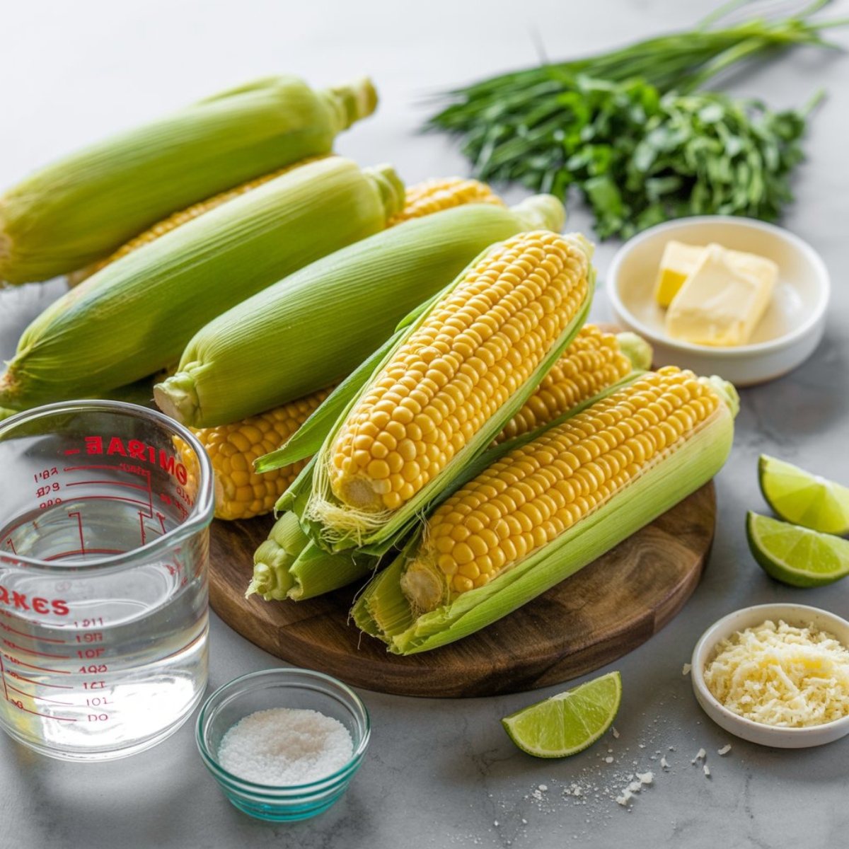 flat lay of corn on the cob ingredients with butter, herbs, lime, and Parmesan