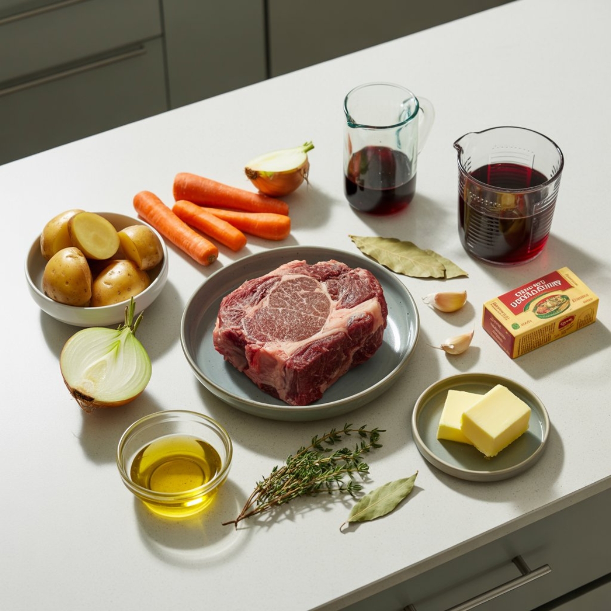 Flat lay of ingredients for Instant Pot French Onion Pot Roast on white kitchen counter
