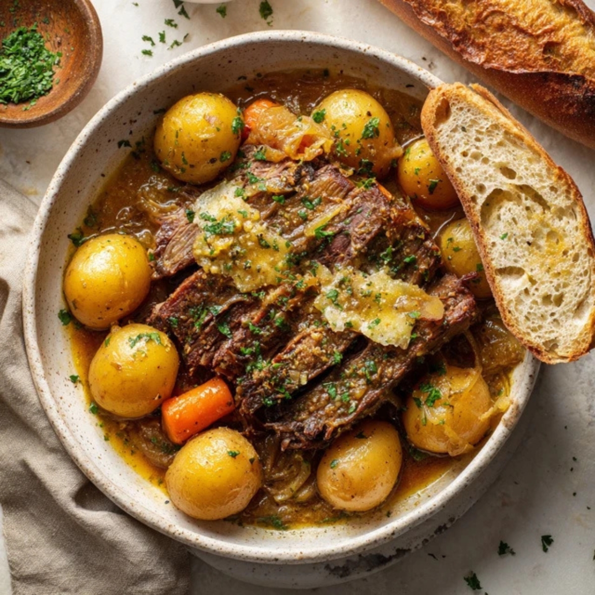 Instant Pot French Onion Pot Roast with onion gravy, potatoes, and carrots on white counter