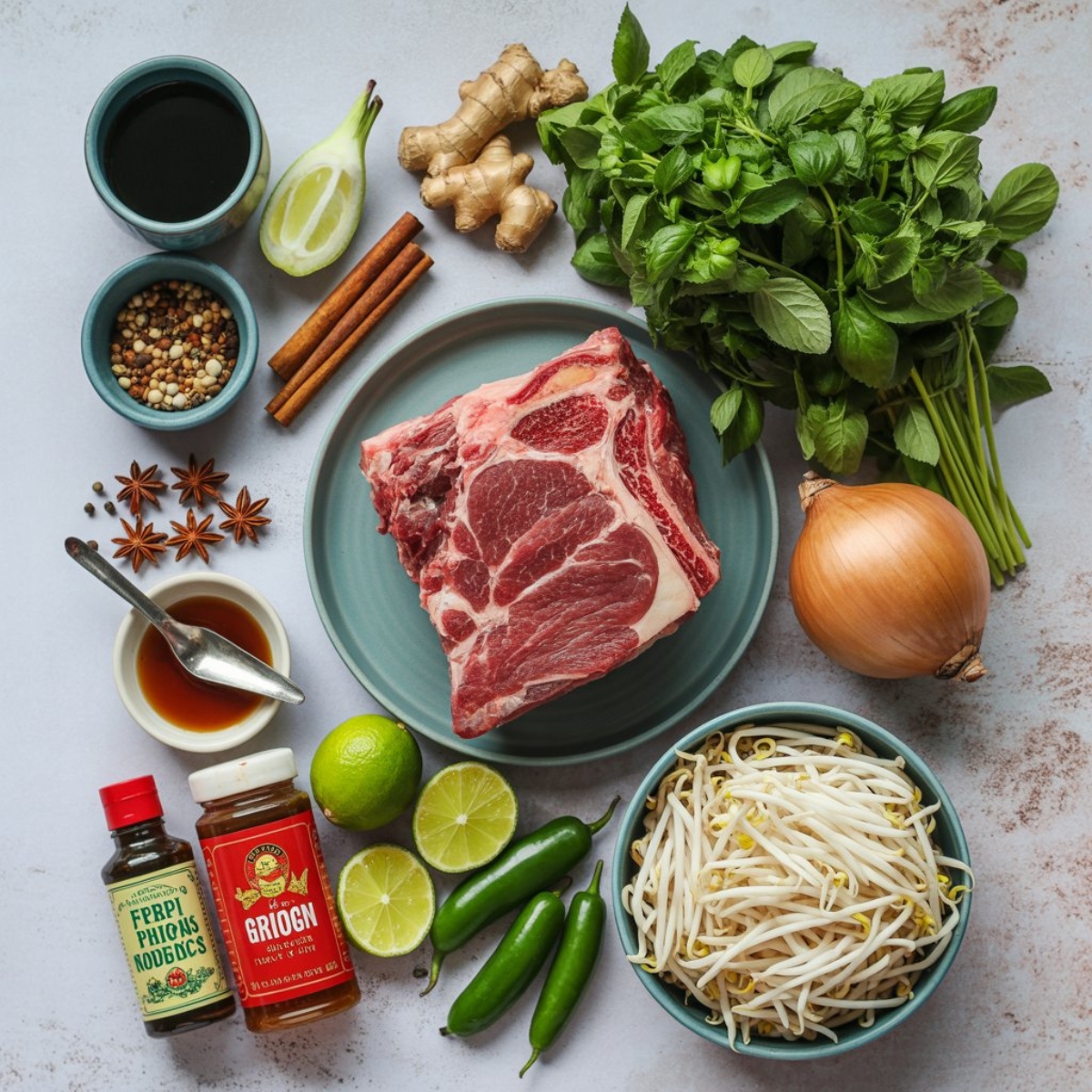 Instant Pot Pho ingredients with beef bones, spices, noodles, and herbs
