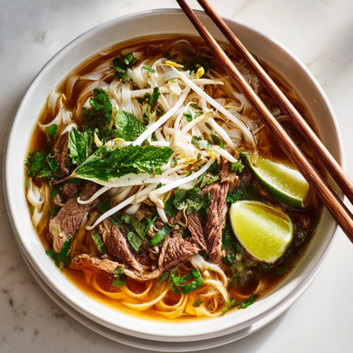 Instant Pot Pho with noodles, beef, herbs, and lime