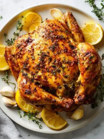 Juicy Instant Pot rotisserie chicken on white counter with herbs and lemon