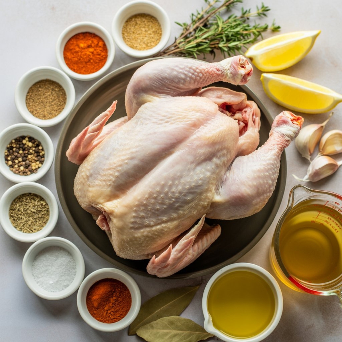 Instant Pot rotisserie chicken ingredients with spices, lemon, garlic, and broth on white counter