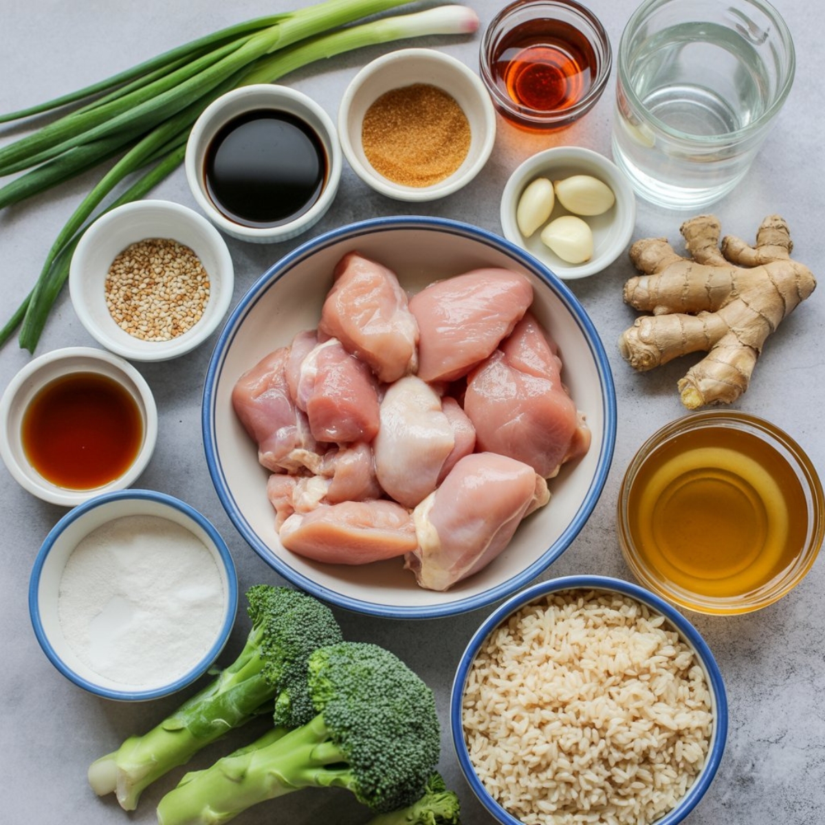 Ingredients for Instant Pot teriyaki chicken arranged on kitchen counter