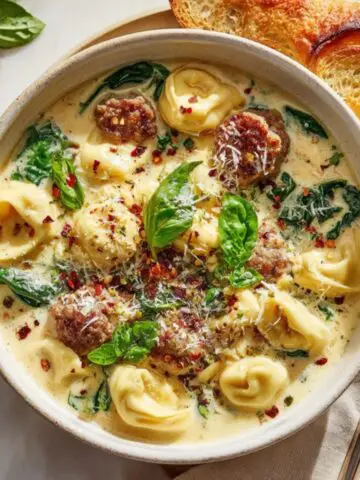 creamy italian cheese tortellini soup with sausage and spinach