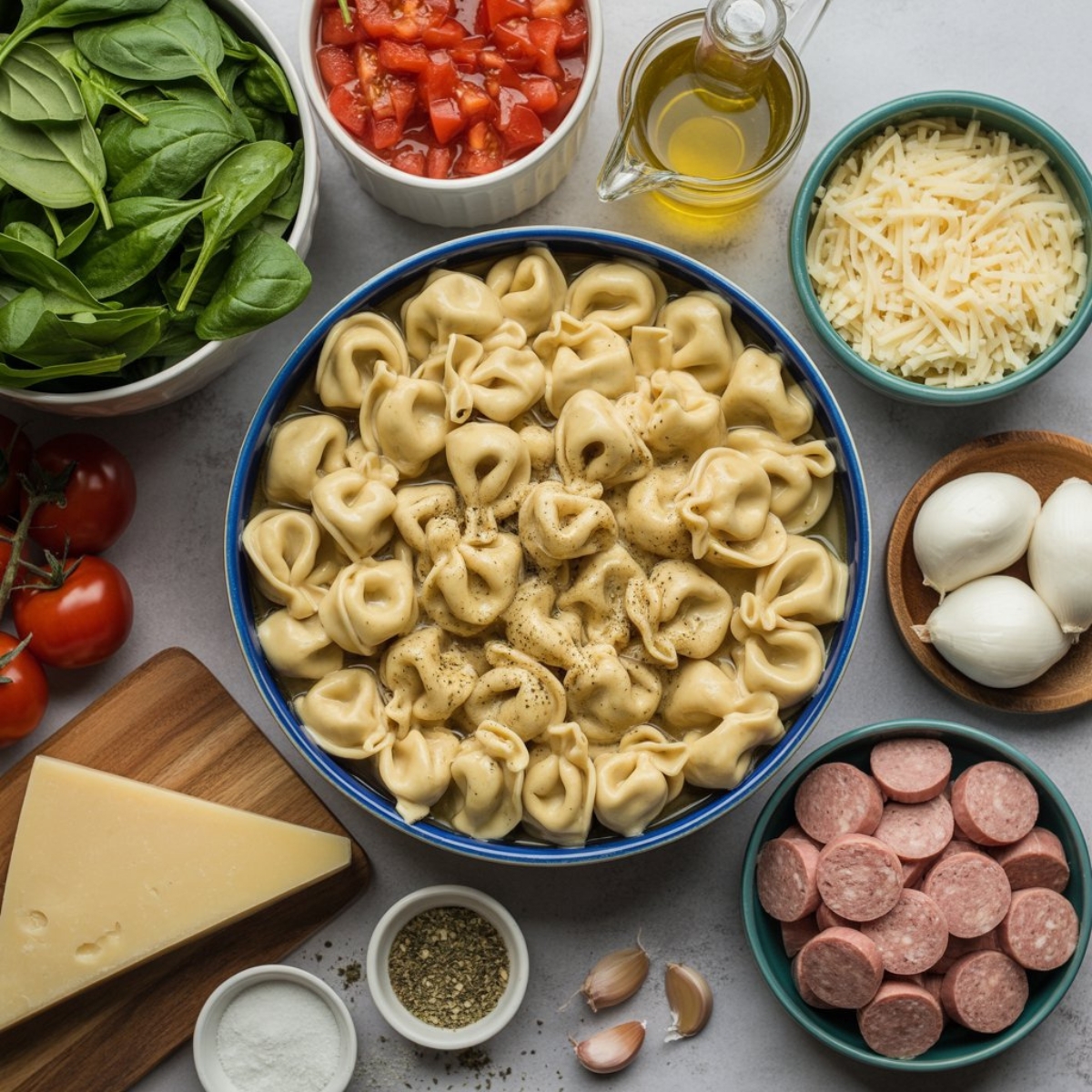 ingredients for italian cheese tortellini soup on kitchen counter