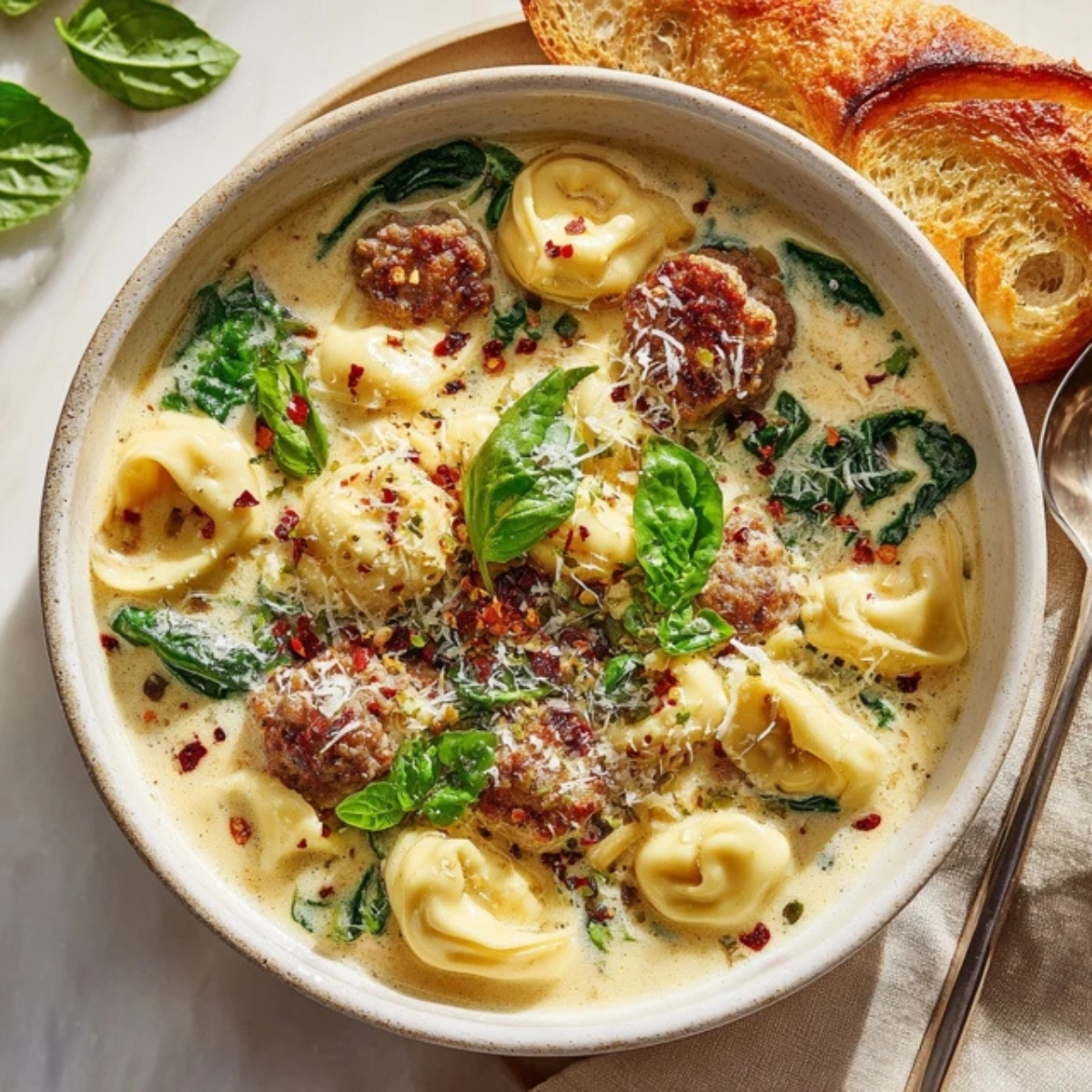 creamy italian cheese tortellini soup with sausage and spinach