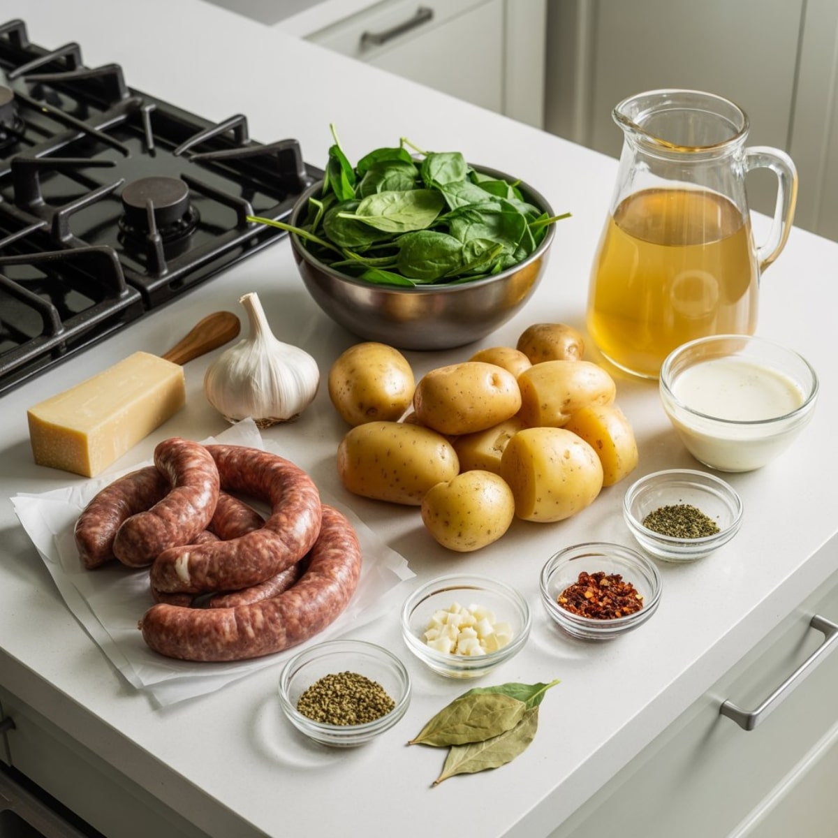 Flat lay of Italian Sausage and Potato Soup ingredients on white counter