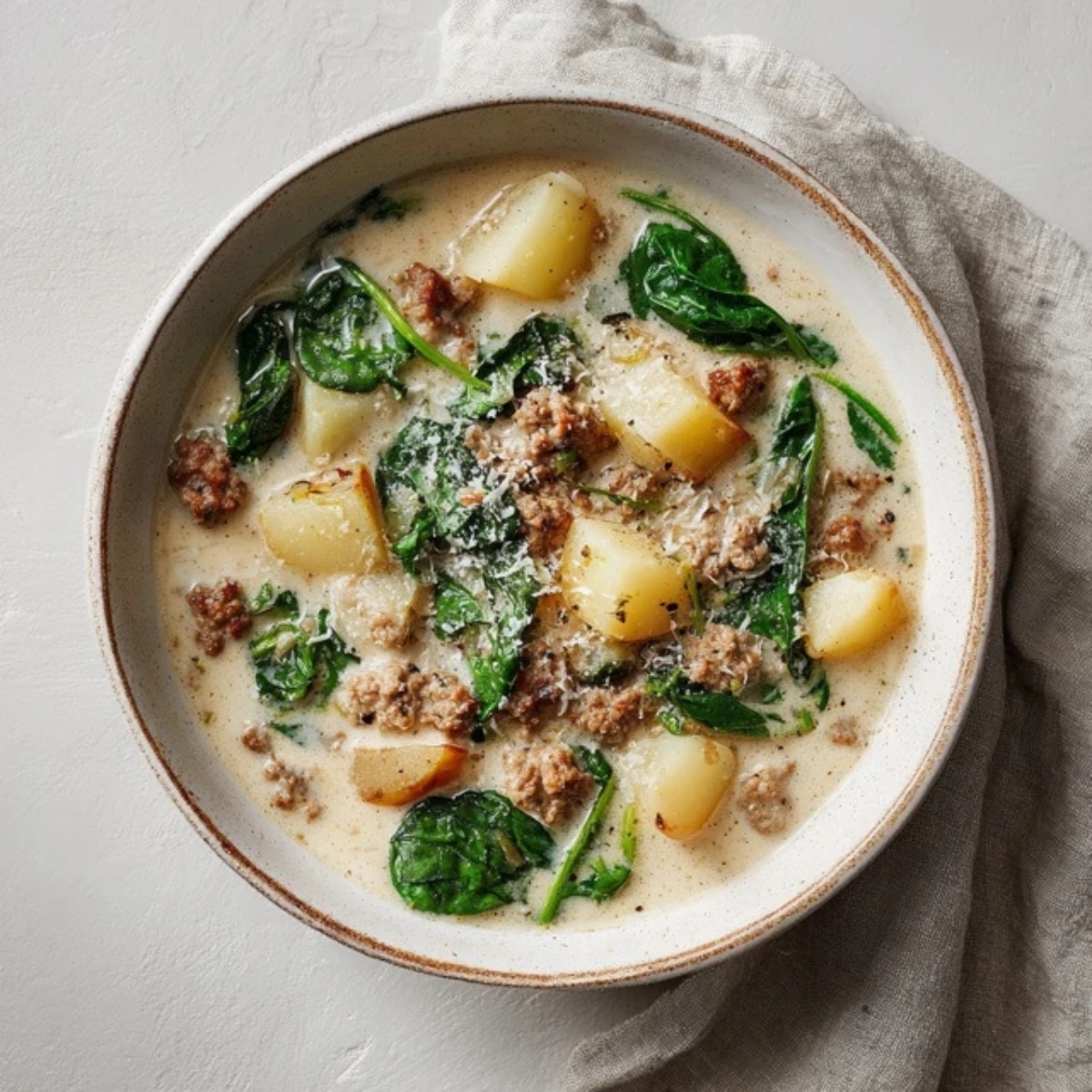 Creamy Italian Sausage and Potato Soup in a rustic bowl on white counter
