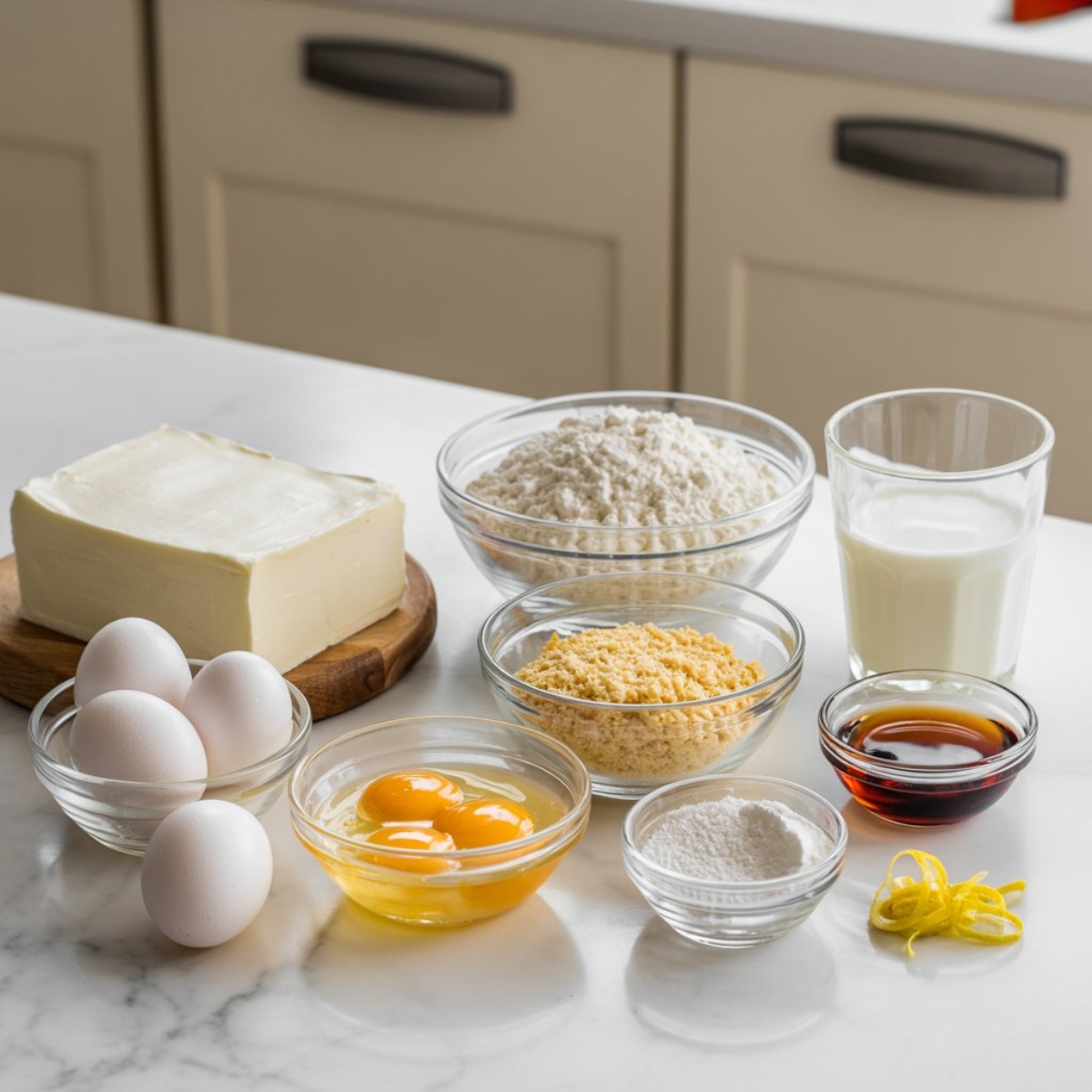 ingredients for Japanese Cotton Cheesecake Cupcakes on white counter