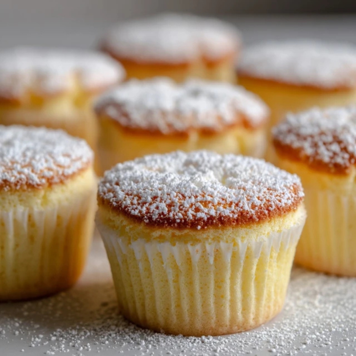 fluffy Japanese Cotton Cheesecake Cupcakes on white counter