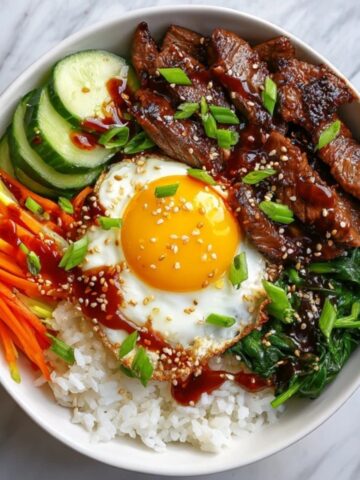 Korean BBQ steak rice bowl with vegetables and egg on rice