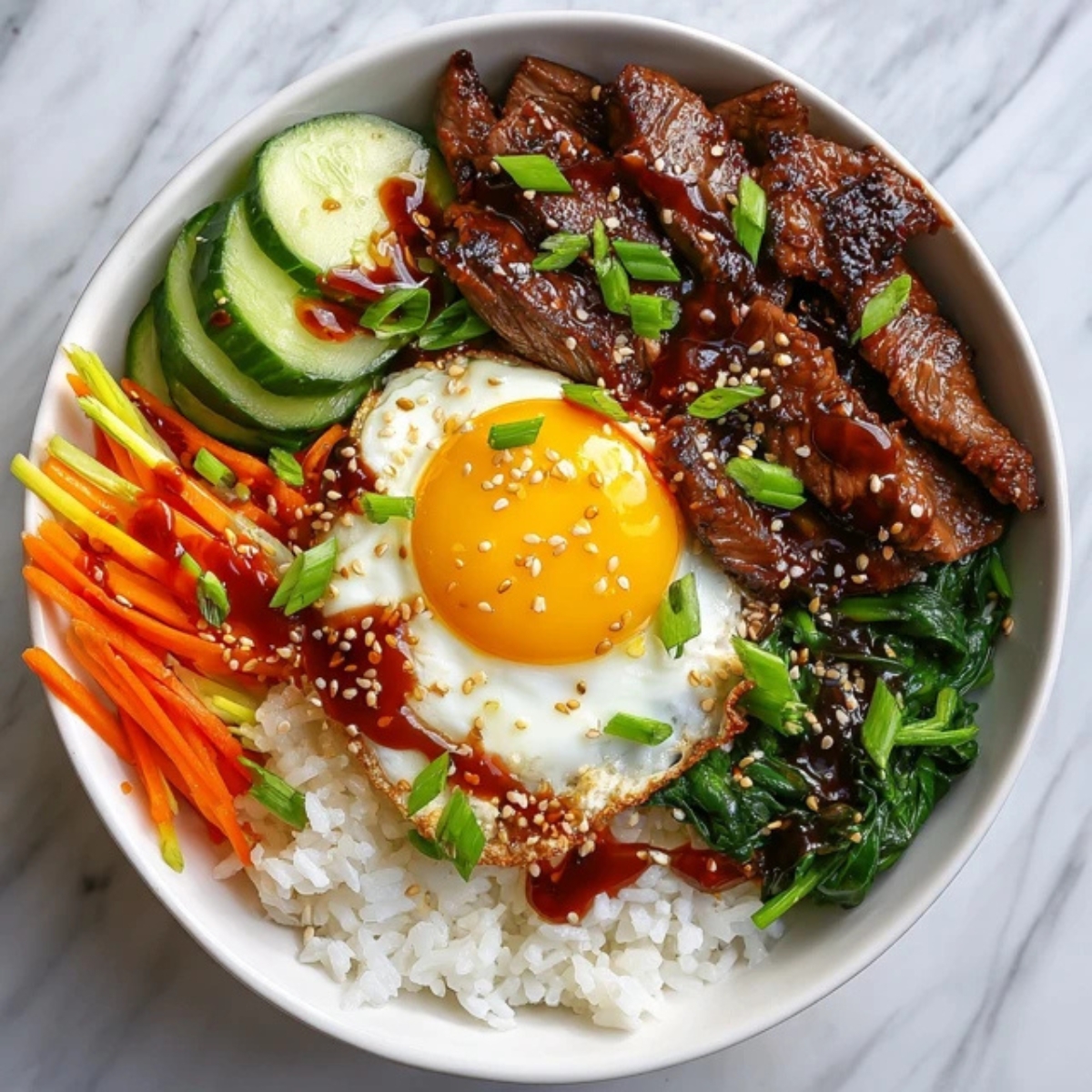 Korean BBQ steak rice bowl with vegetables and egg on rice