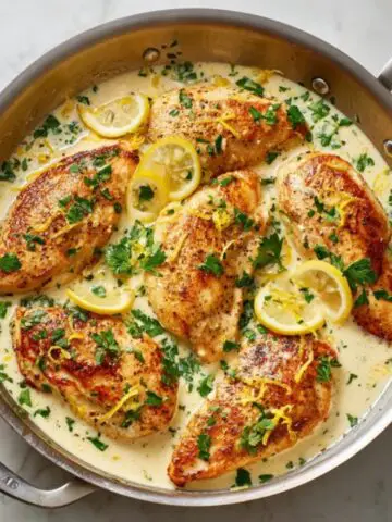 Juicy lemon butter chicken recipe in skillet with creamy sauce and fresh herbs