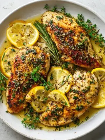 Juicy lemon herb chicken with fresh herbs and lemon slices