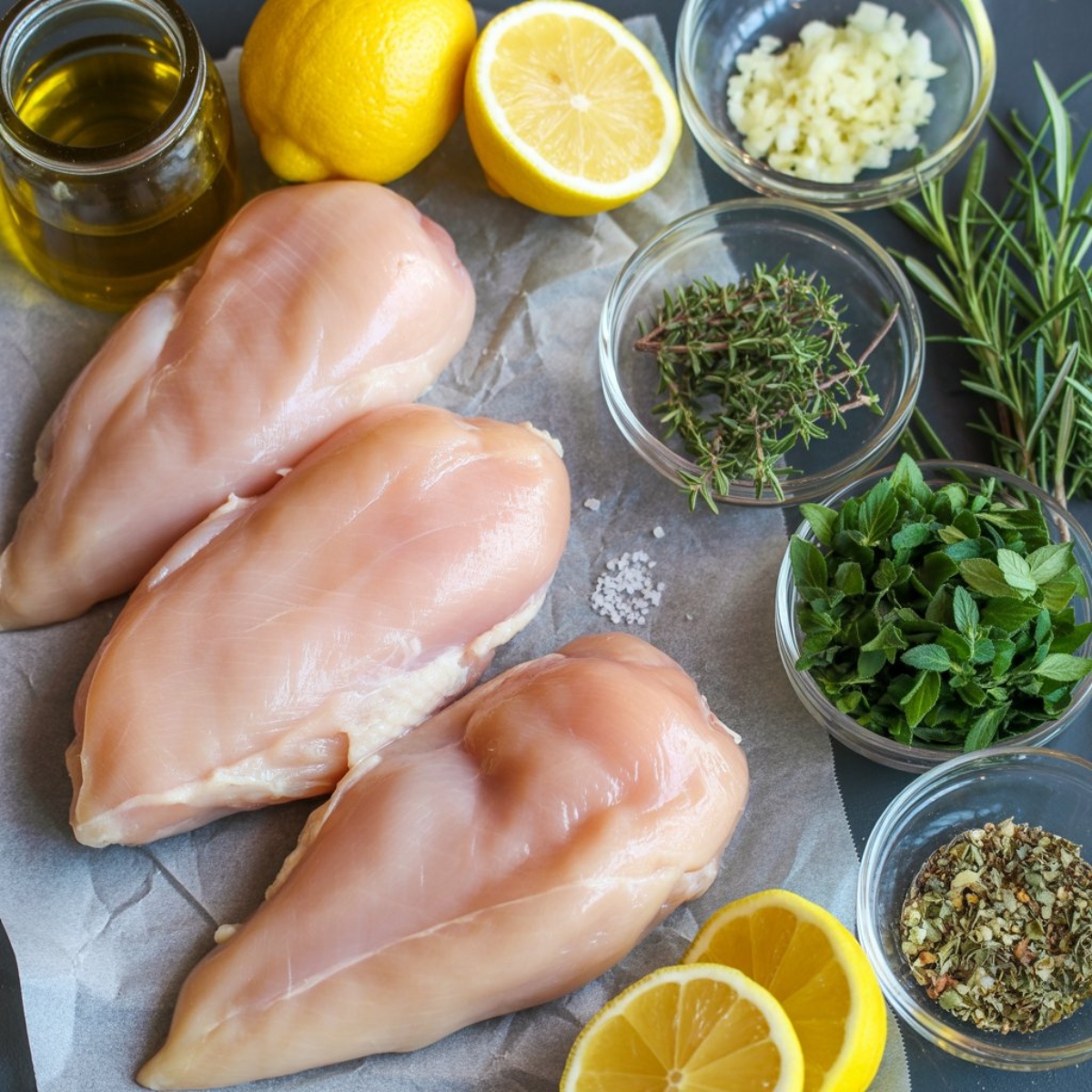 Fresh ingredients for lemon herb chicken with herbs, garlic, and lemon
