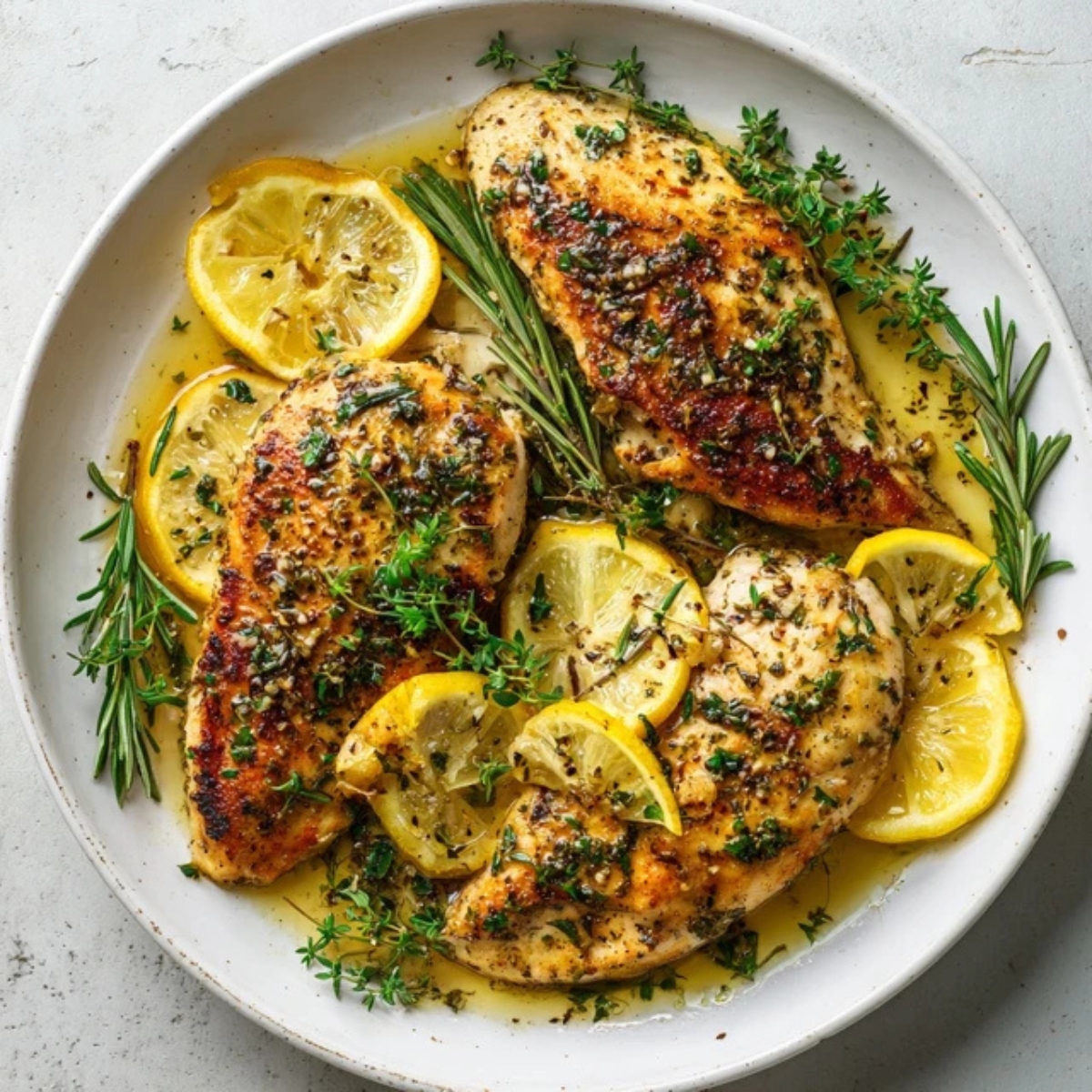 Juicy lemon herb chicken with fresh herbs and lemon slices