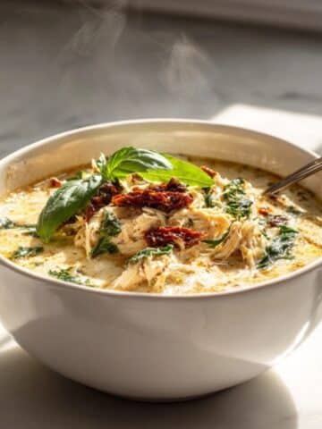 Creamy Marry Me Chicken Soup with chicken, spinach, and sun-dried tomatoes