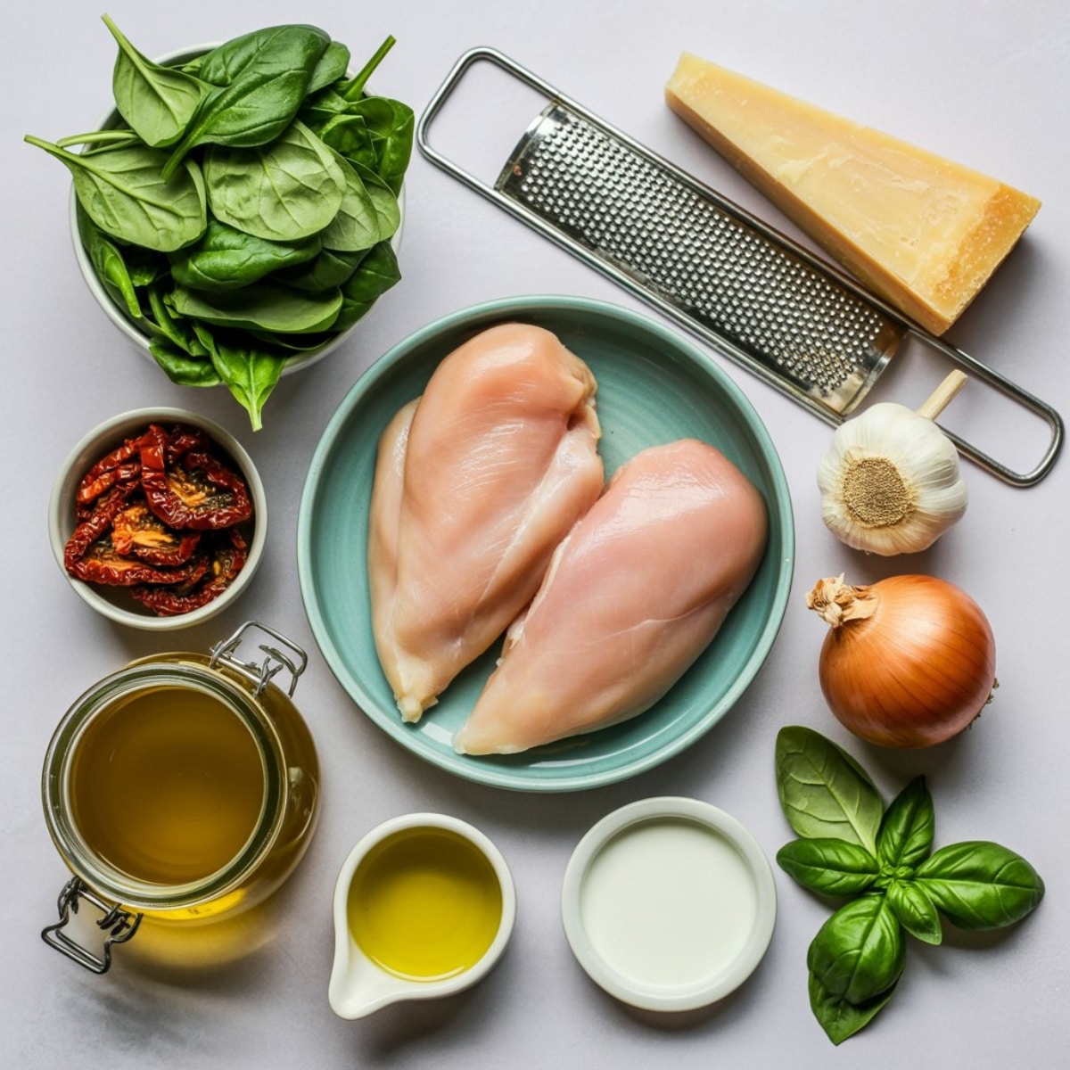 Ingredients for Marry Me Chicken Soup with chicken, spinach, and Parmesan