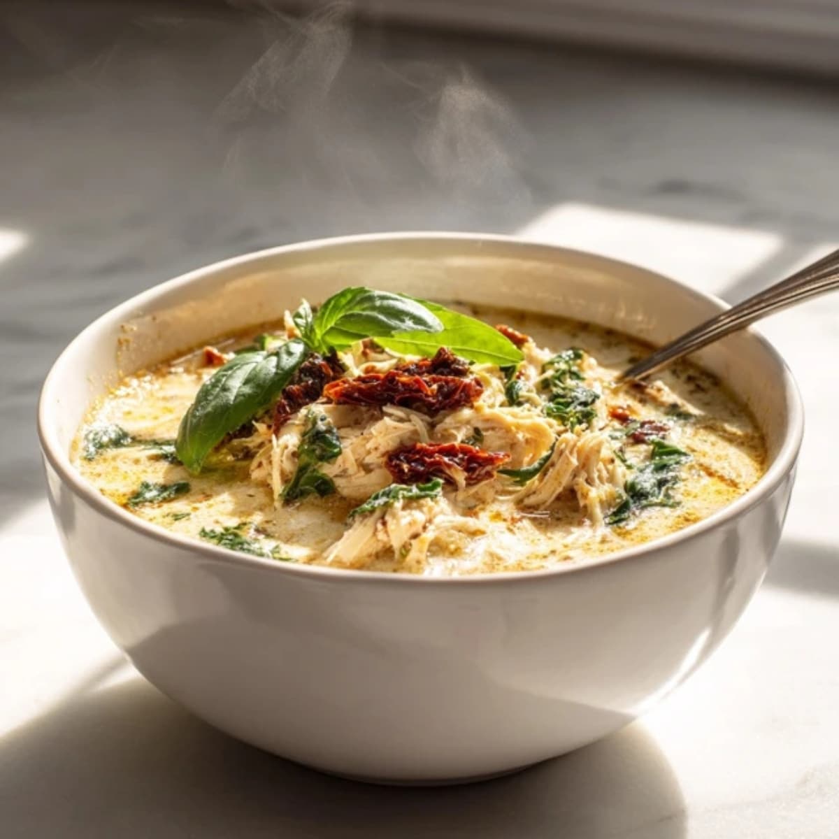 Creamy Marry Me Chicken Soup with chicken, spinach, and sun-dried tomatoes