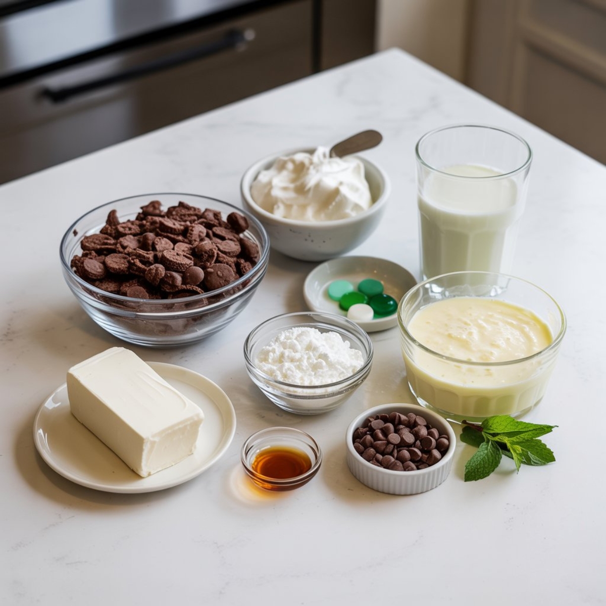 Homemade mint chip lasagna ingredients on kitchen counter