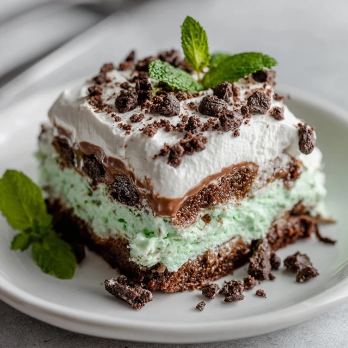 No bake mint chip lasagna dessert with cookie crust and mint layers