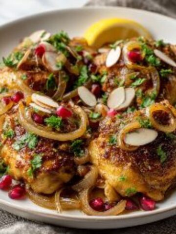 Moroccan spiced chicken with onions and herbs on white counter