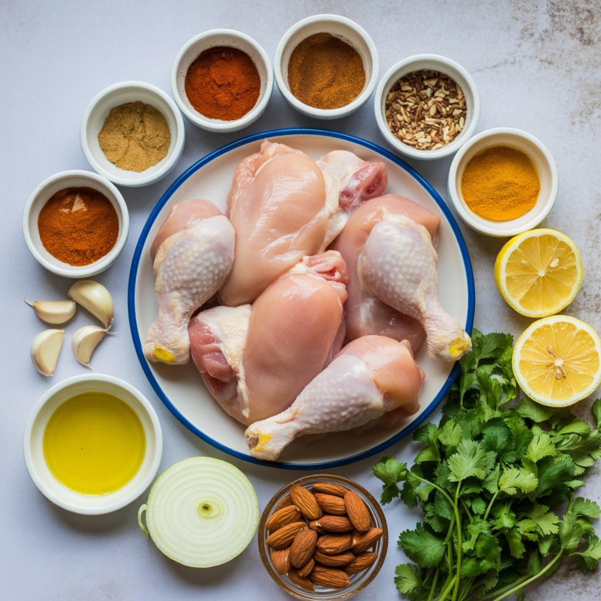 Moroccan chicken ingredients with spices lemon garlic and herbs