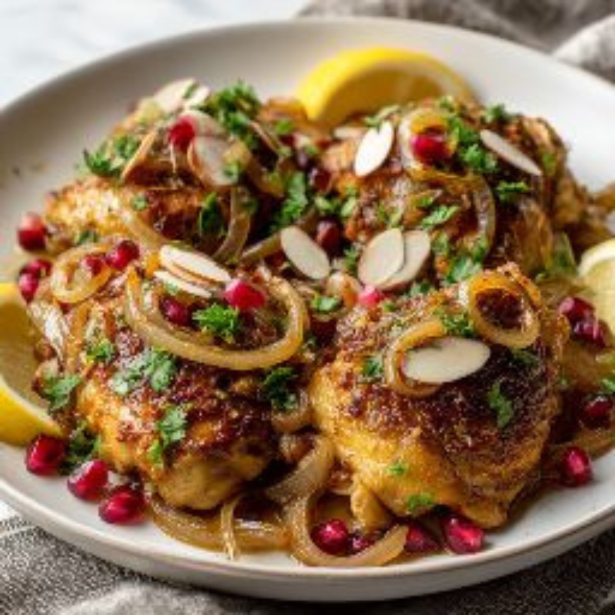 Moroccan spiced chicken with onions and herbs on white counter