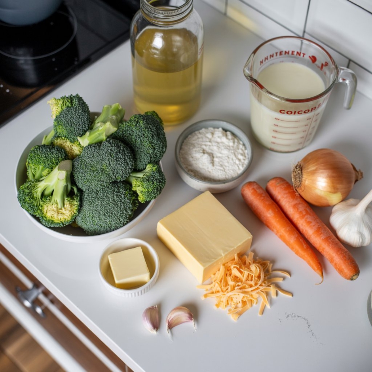 fresh broccoli cheddar soup ingredients on kitchen counter