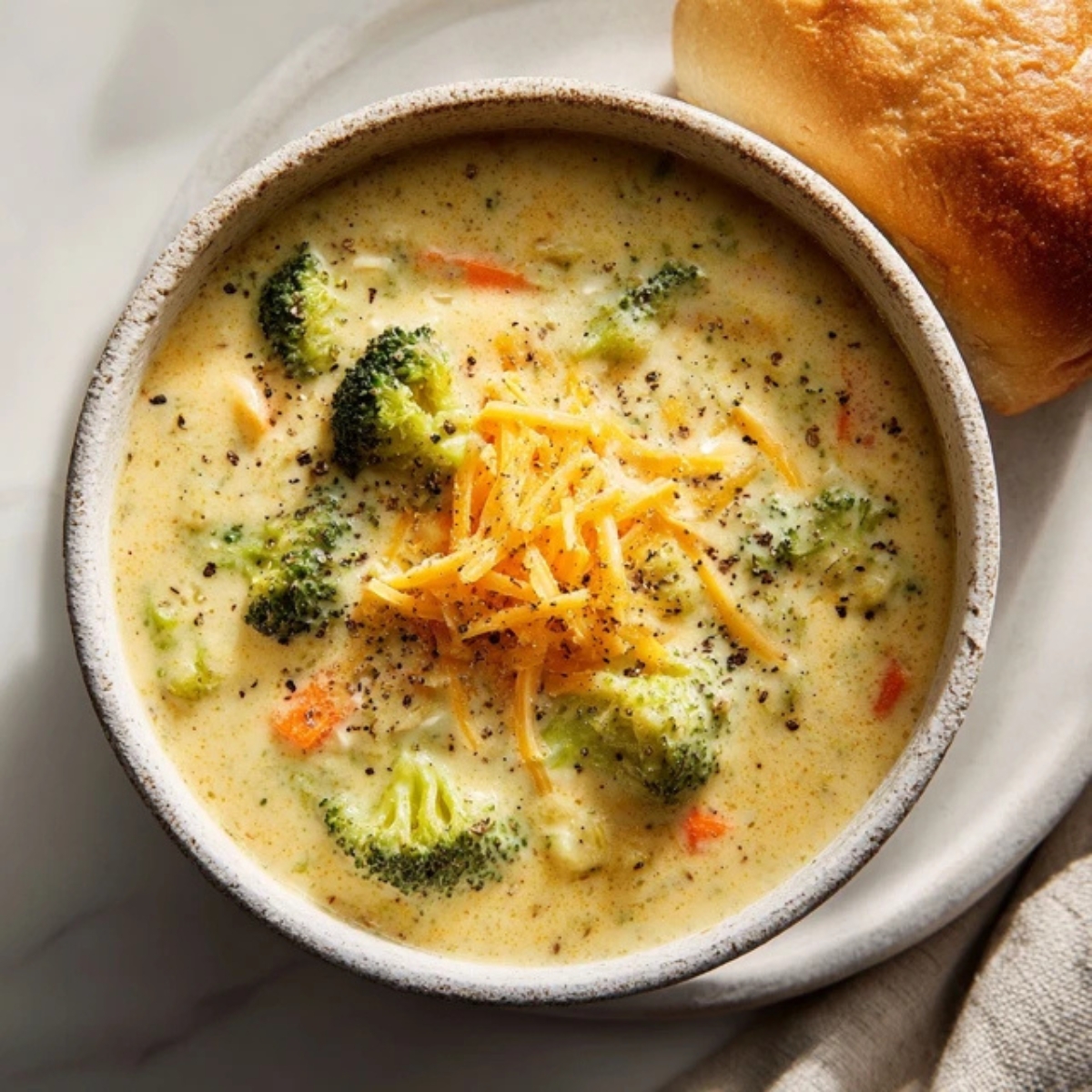 creamy panera bread broccoli cheddar soup in a bowl with bread