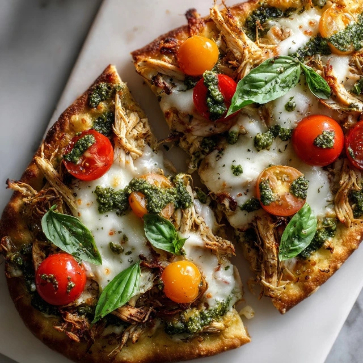 Homemade pesto chicken flatbread with mozzarella, tomatoes, and basil on white counter