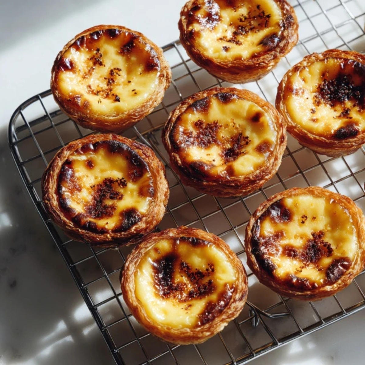 authentic portuguese custard tarts pastéis de nata on white counter