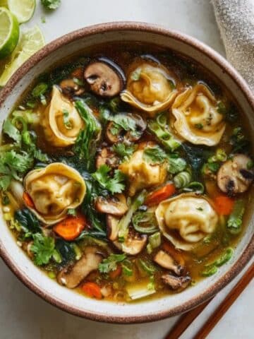 Homemade potsticker soup with dumplings and vegetables