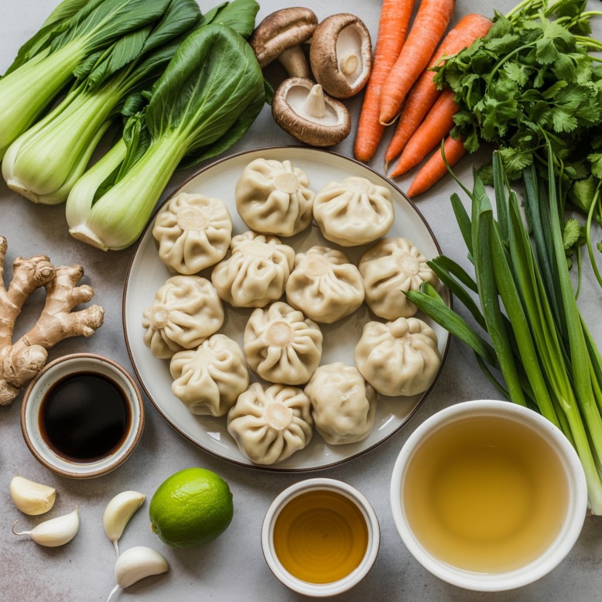 Fresh potsticker soup ingredients with dumplings and vegetables