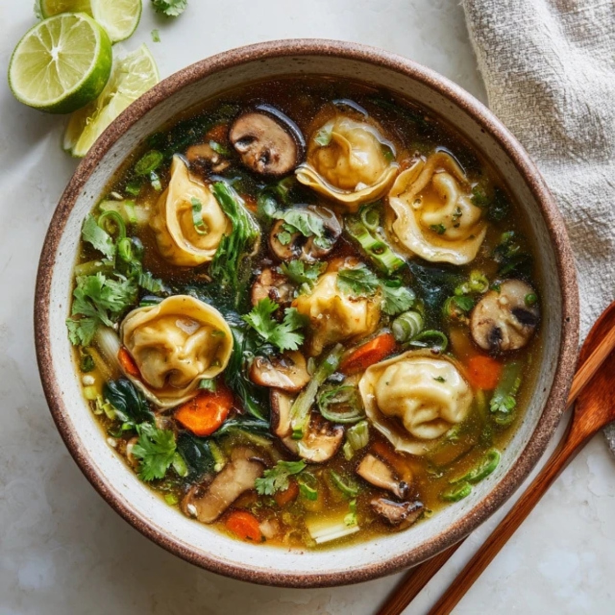 Homemade potsticker soup with dumplings and vegetables