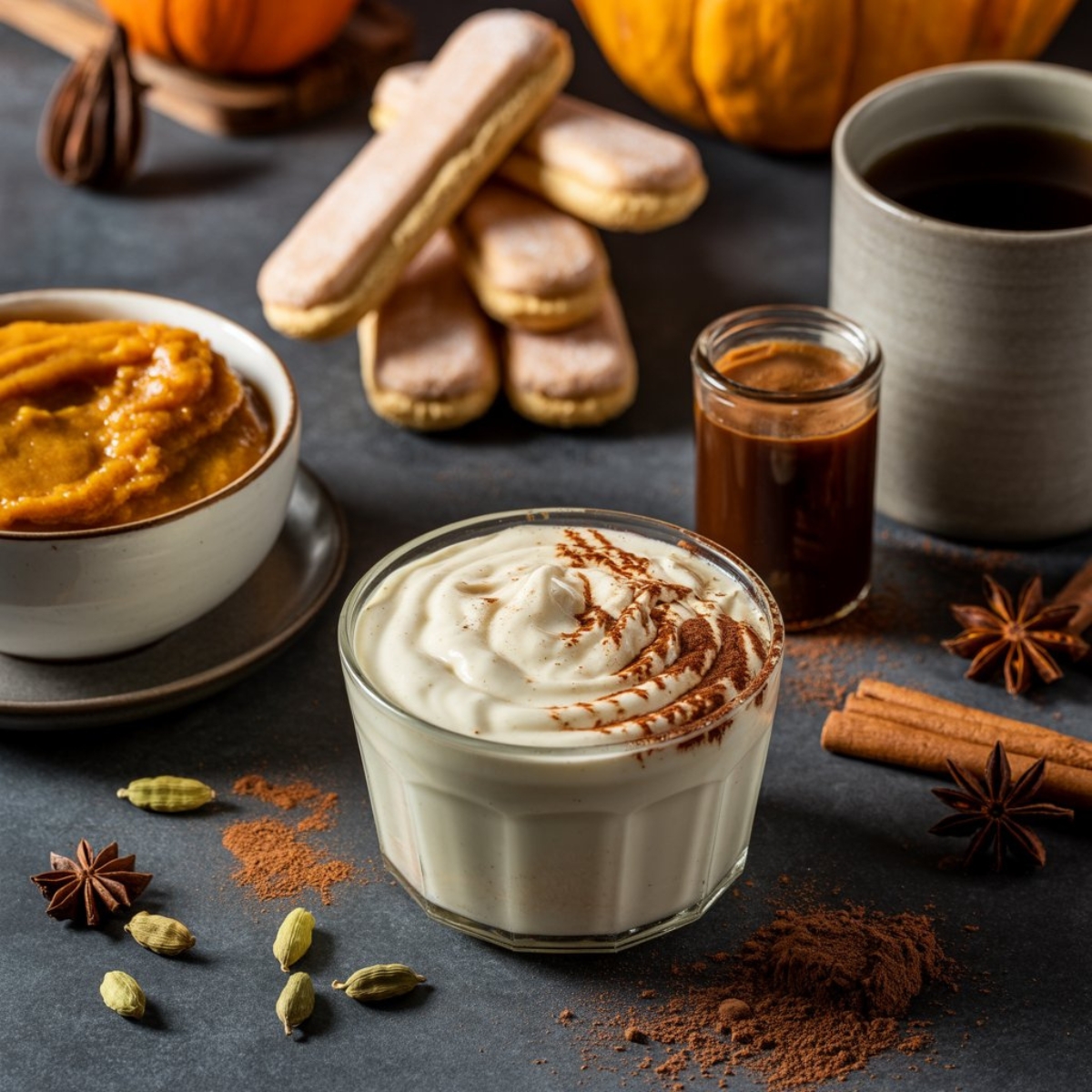 pumpkin chai tiramisu ingredients flat lay on a counter