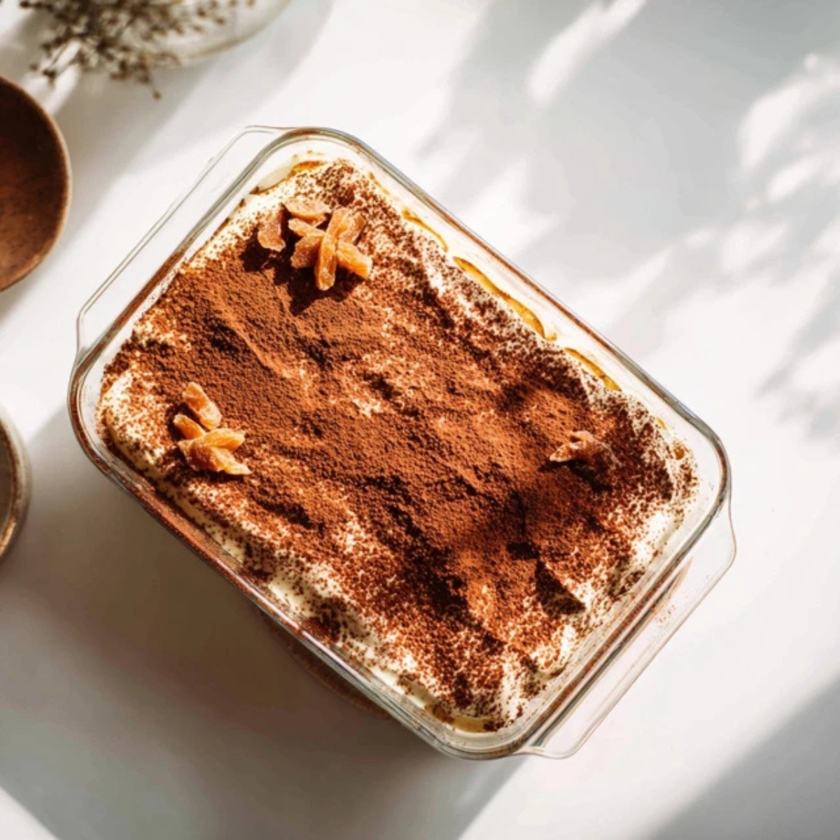 pumpkin chai tiramisu with cocoa and cinnamon dusting on white counter
