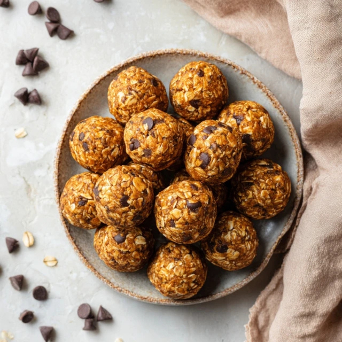 Homemade pumpkin energy bites with oats and pumpkin spice on a white kitchen counter