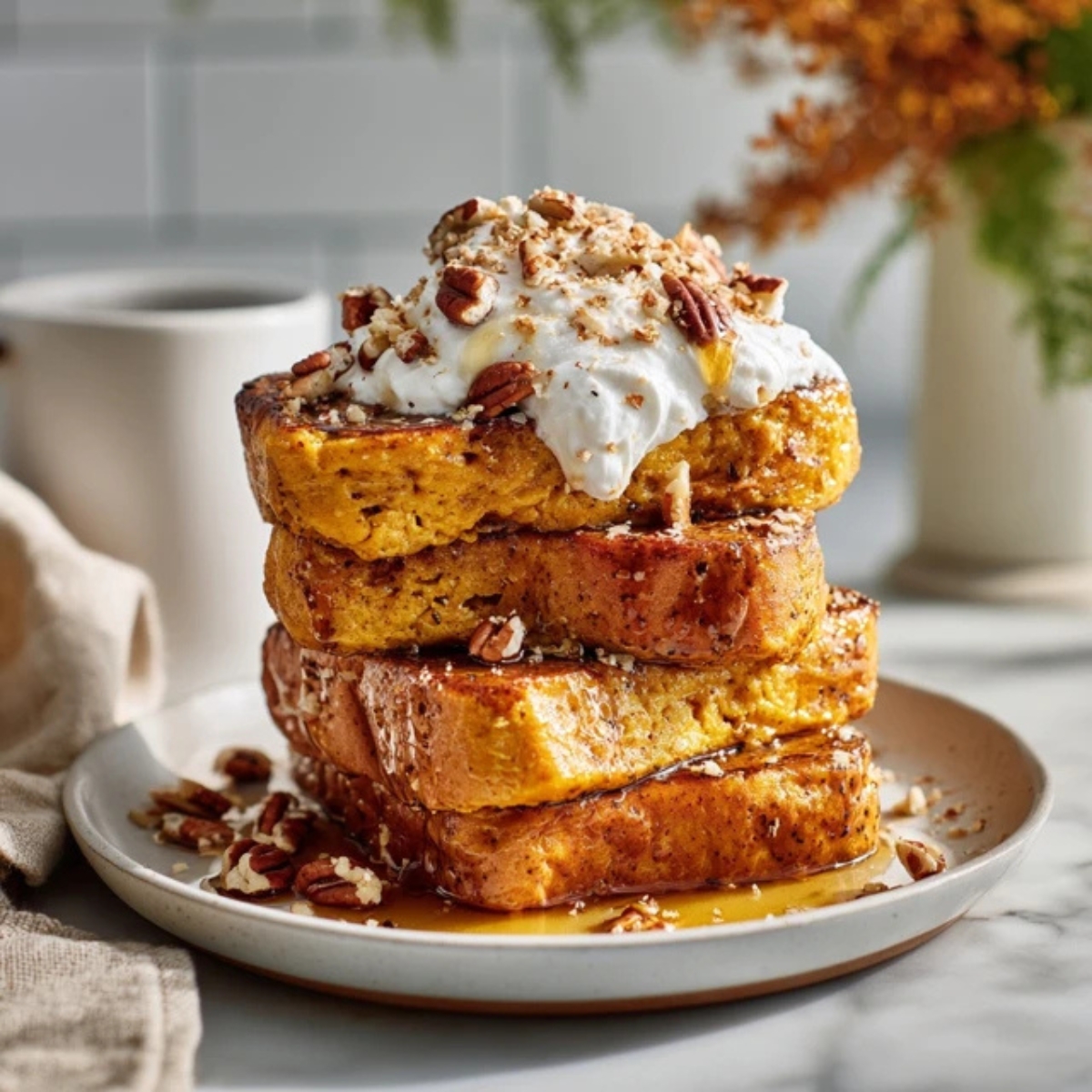 Pumpkin french toast with maple syrup and whipped cream on white counter