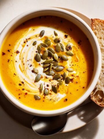 creamy pumpkin soup with coconut milk swirl and toasted pumpkin seeds